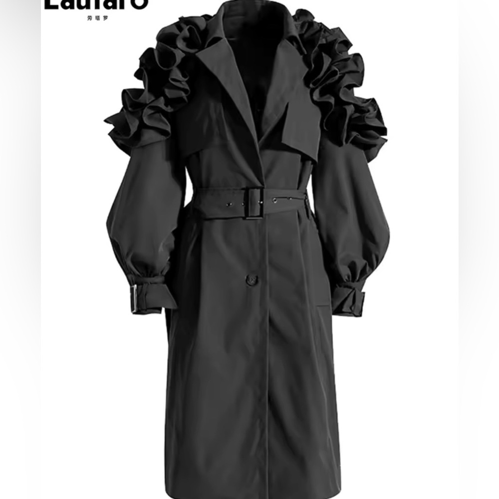 NEW $195 London Britberry Tan Ruffle Sleeve Trench Coat - Picture 6 of 11